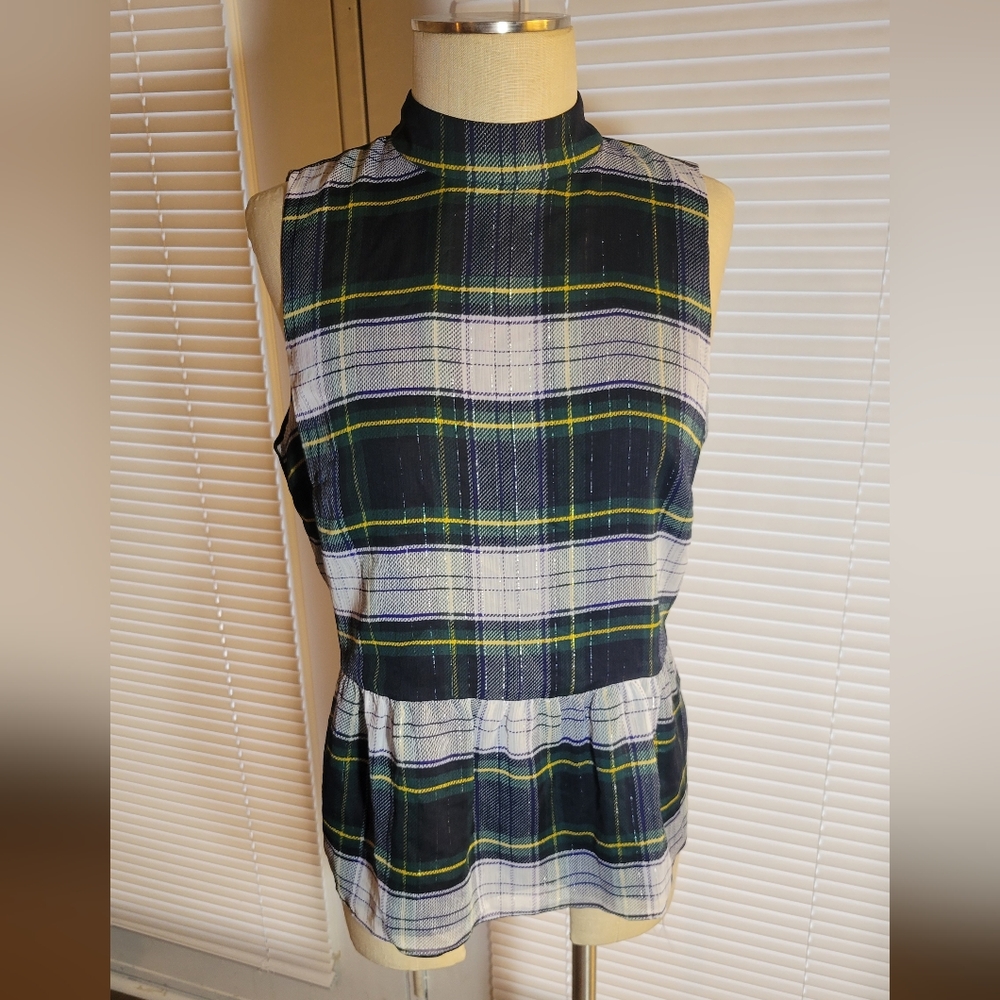 Sz L Scottish plaid J Crew peplum blouse